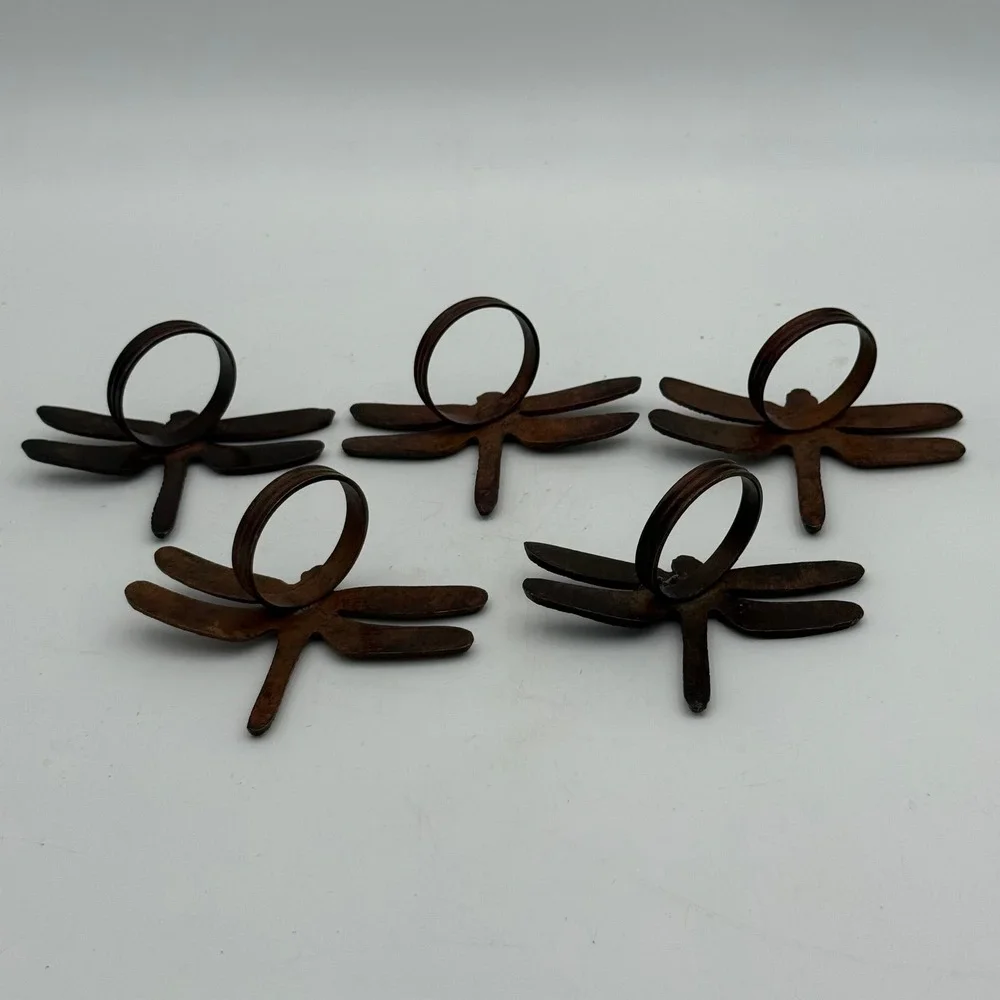 Vtg Cast Iron Dragonfly Napkin Rings Set of 5 Rustic Brown Garden Table Decor